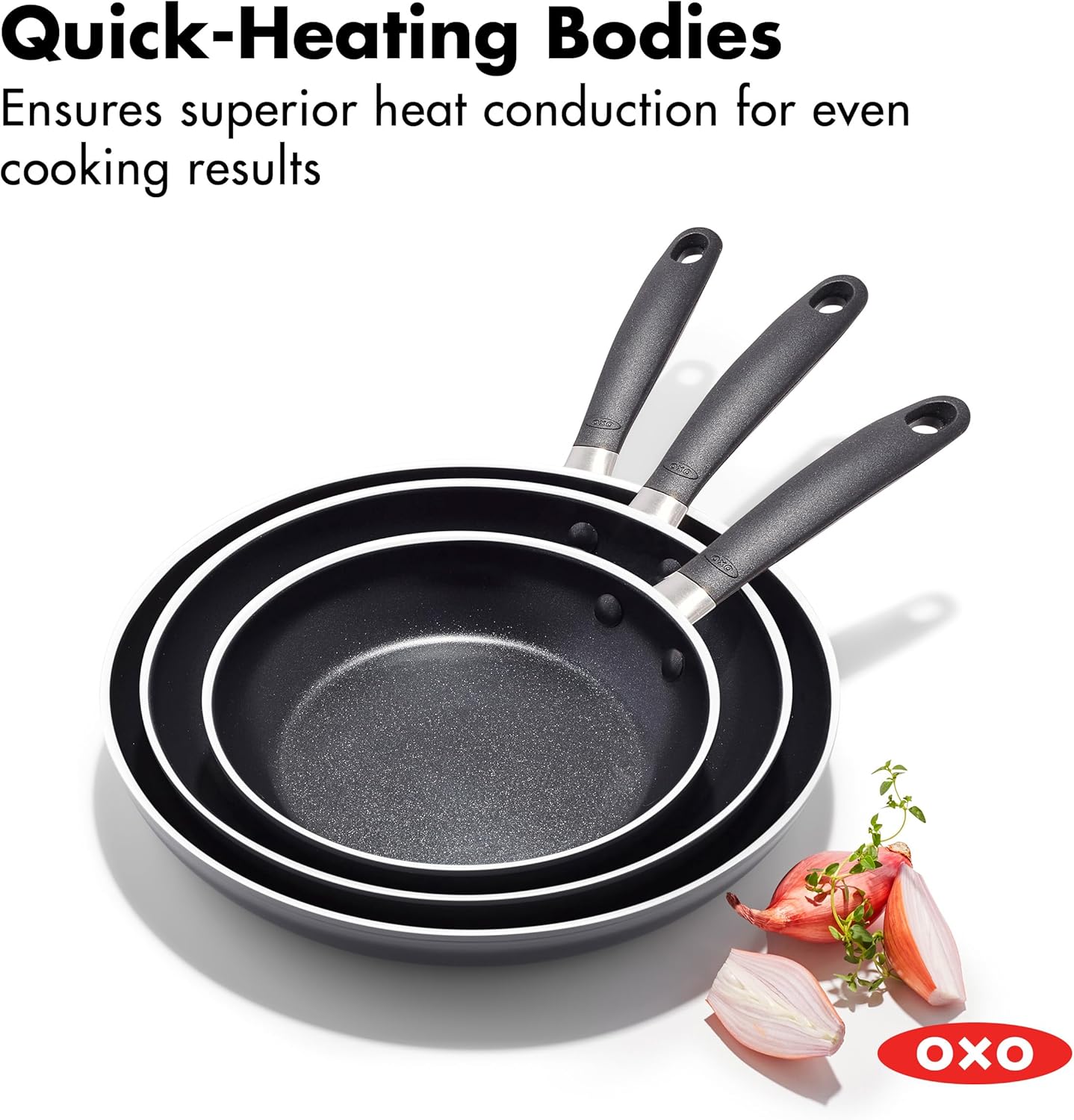 OXO CC010474-001 Non-Stick Every Day Frying Pan Set, BPA-Free Comfort Grip Silicone Handles, Black, 8”, 10” & 12” 2