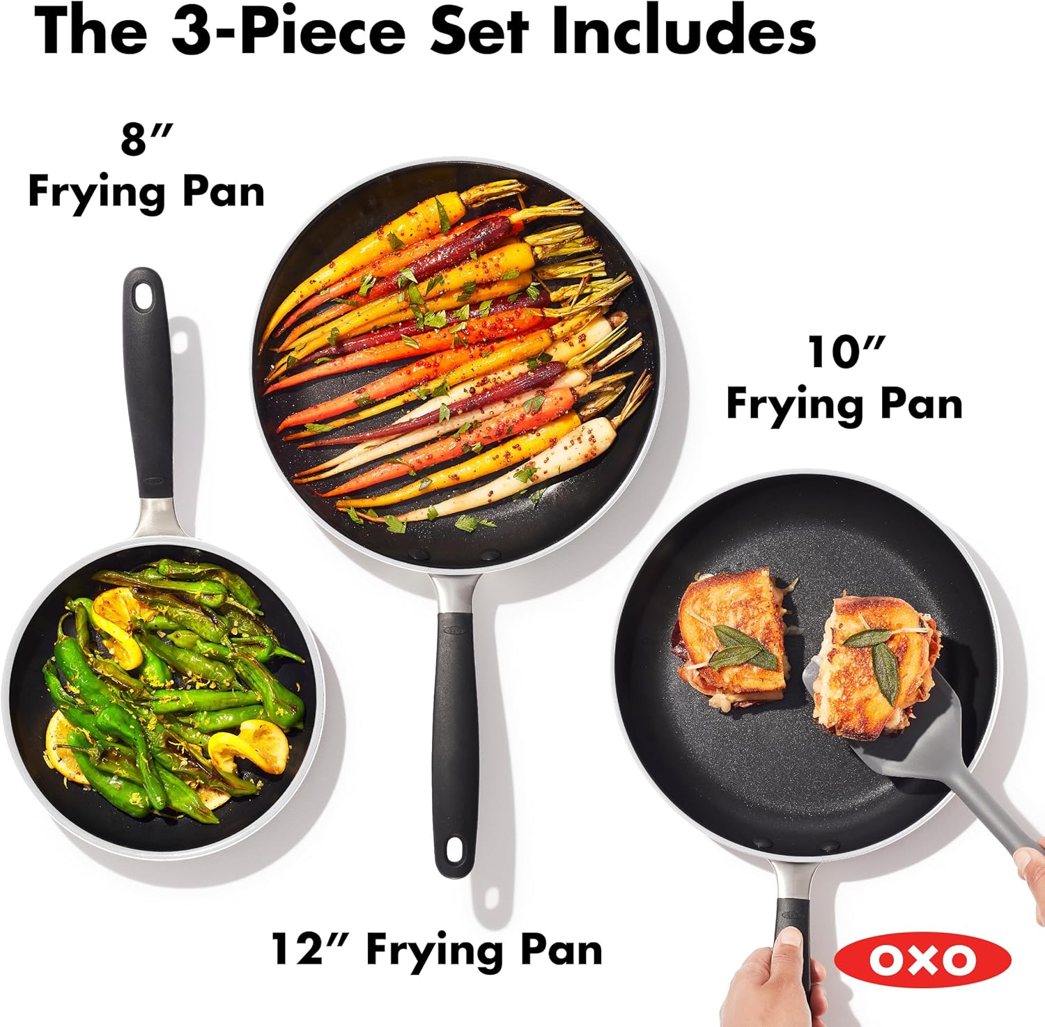 OXO CC010474-001 Non-Stick Every Day Frying Pan Set, BPA-Free Comfort Grip Silicone Handles, Black, 8”, 10” & 12” 3