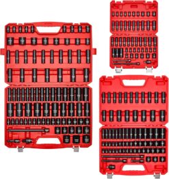 VEVOR 69300008 1/4 & 3/8 & 1/2 Inch Drive Impact Socket Set, 210-Piece Metric and Standard Full Sockets, Deep & Shallow