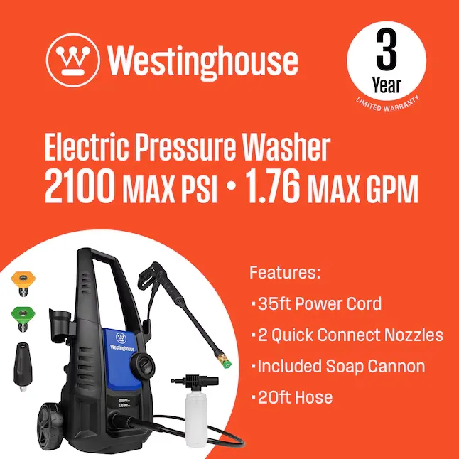 Westinghouse ePX3050 Max 2100-PSI 1.76-GPM Cold Water Electric Pressure washer with 3 Spray Tips 1_11zon