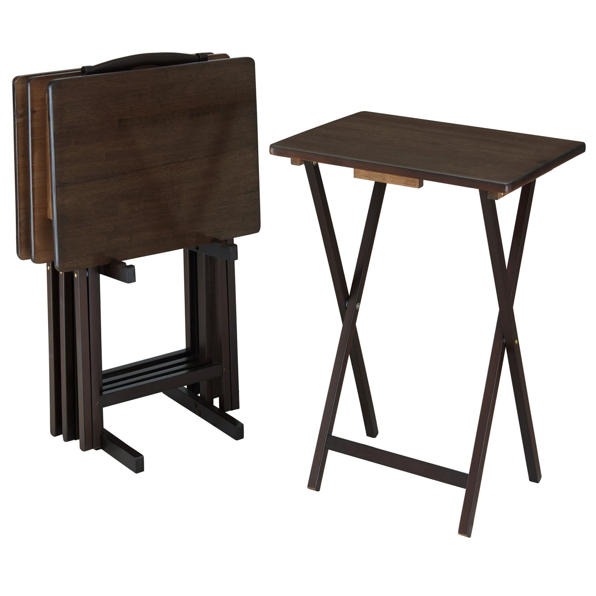 Mainstays 4-Piece Walnut Rubberwood Indoor Folding TV Tray Table Set with Storage Rack