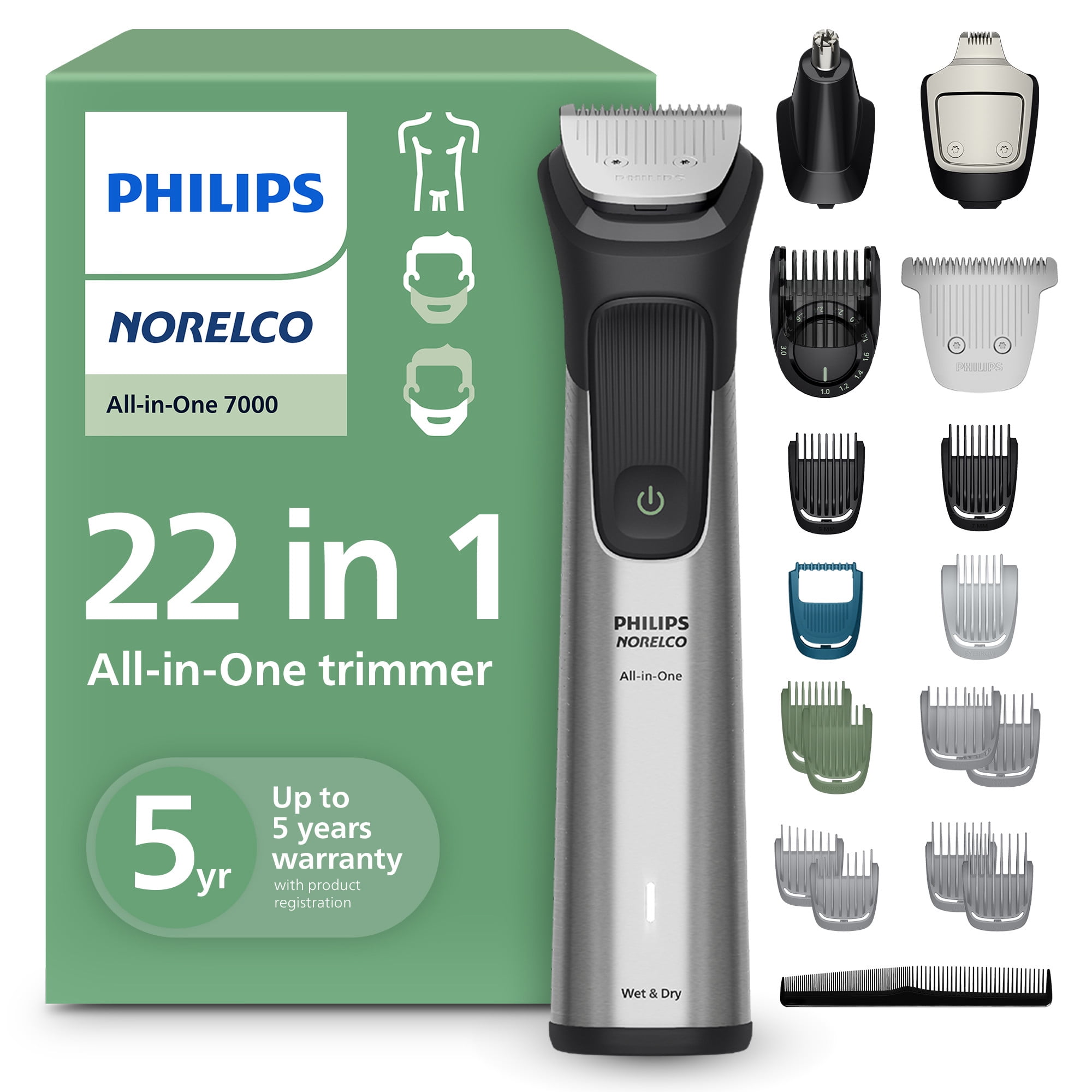 Philips Norelco All-In-One 7000 Series 22-Piece Trimmer - Electric Shaver and Clipper For Face, Beard, Hair & Body, Self-Sharpening Full Metal Blades, 25 Length Settings (0.5-16 Mm), MG7965/49