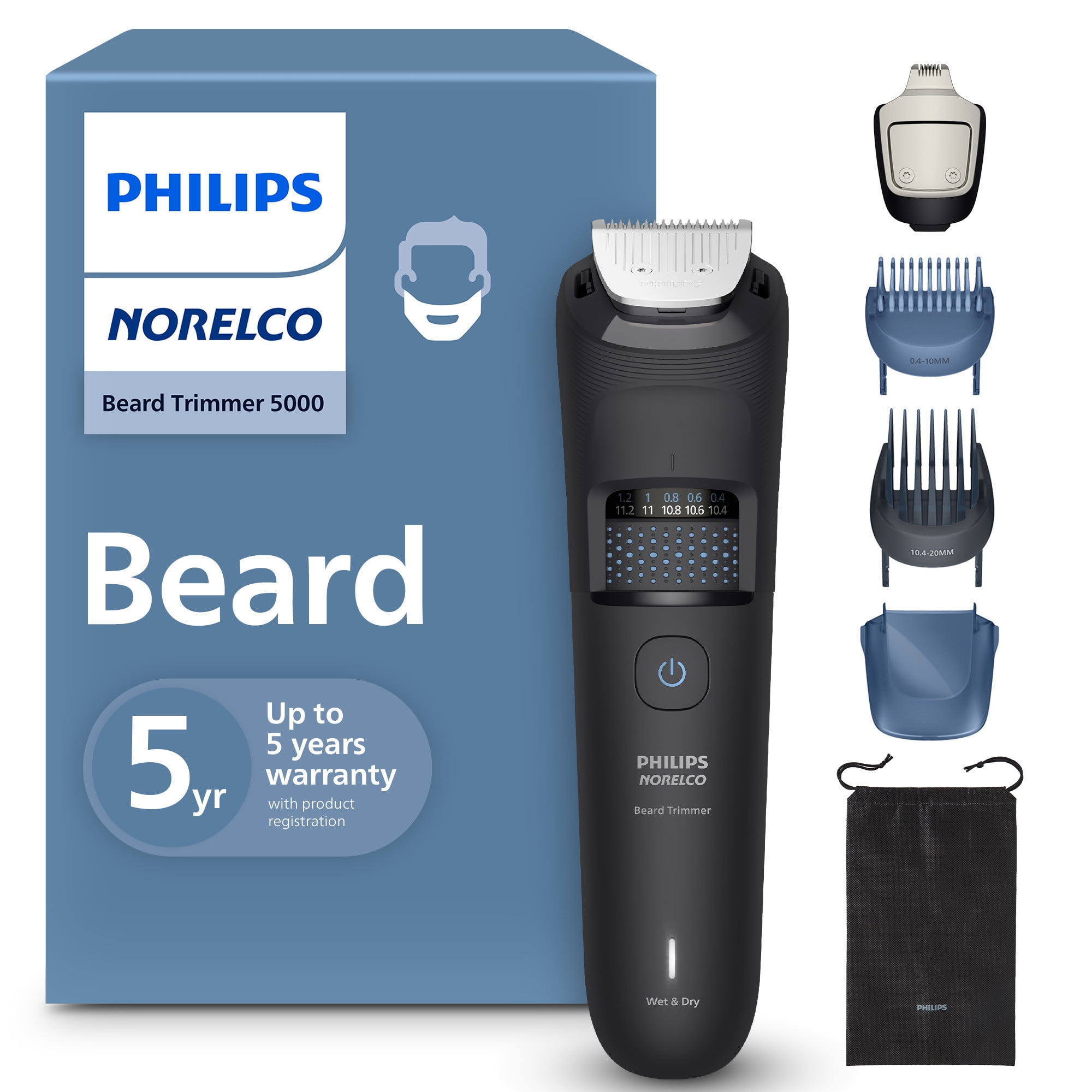 Philips Norelco Beard Trimmer 5000 Series, 100% Waterproof Beard Styler, Precision Dial with 40 Lock-In Trimming Settings, BT5775/40