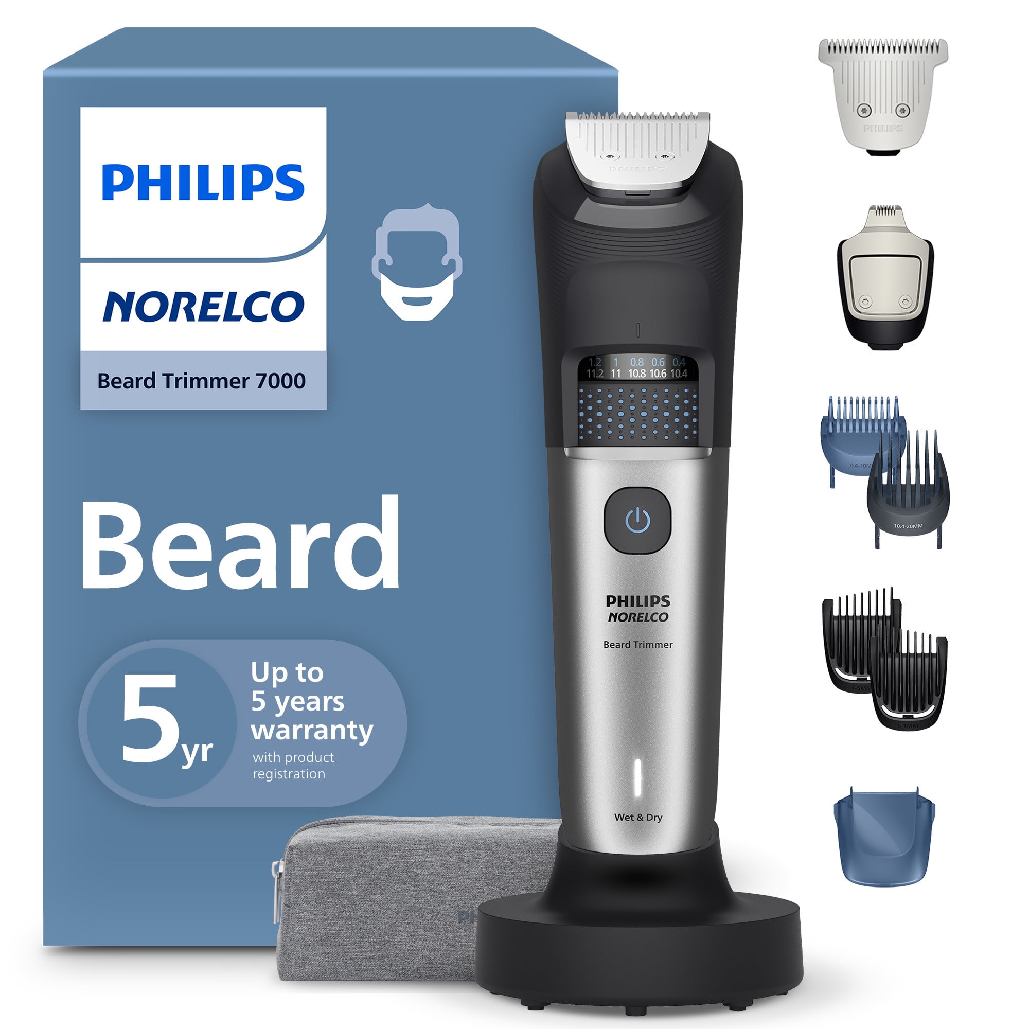 Philips Norelco Beard Trimmer 7000 Series, 100% Waterproof Trimmer For Men, 40 Lock-In Hair Length Settings, Beardsense Power Adaptability, BT7670/40