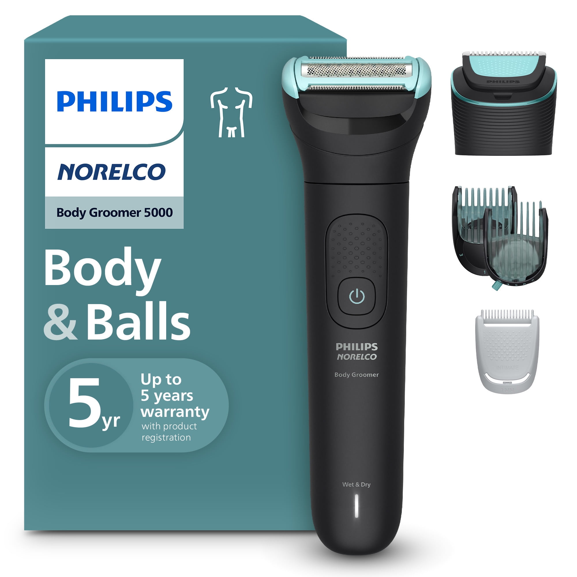 Philips Norelco Body Groomer 5000 Series, Intimate Hair Shaver & Trimmer For Men with Interchangeable, BG5490/50